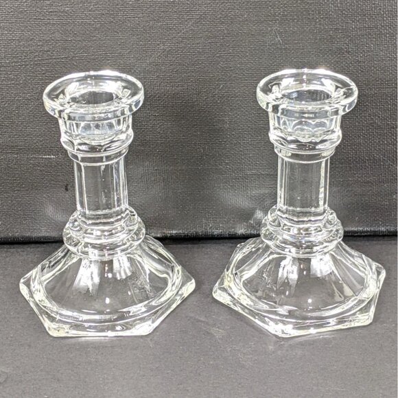 Vintage Pair of Matching Crystal Clear Glass Taper Candle Holders 66j - Picture 1 of 6